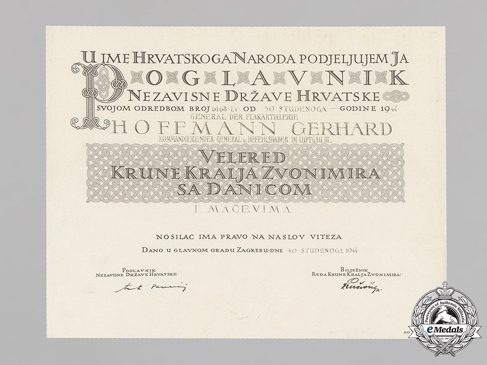 croatia._an_award_document_of_the_king_zvonimir_order,_grand_cross,_to_a_german_general_gerhard_hoffmann_c18-032627