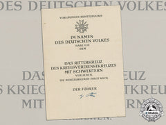 Germany, Wehrmacht. A Very Scarce Unissued Award Document For A Knight’s Cross Of The War Merit Cross With Swords