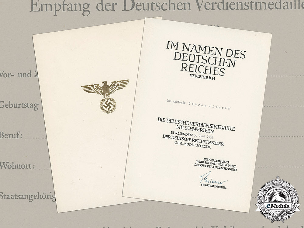 germany,_wehrmacht._an_eagle_medal_of_merit_with_swords_document_to_don_aastasio_correa_alvarez,_c.1939_c18-048774