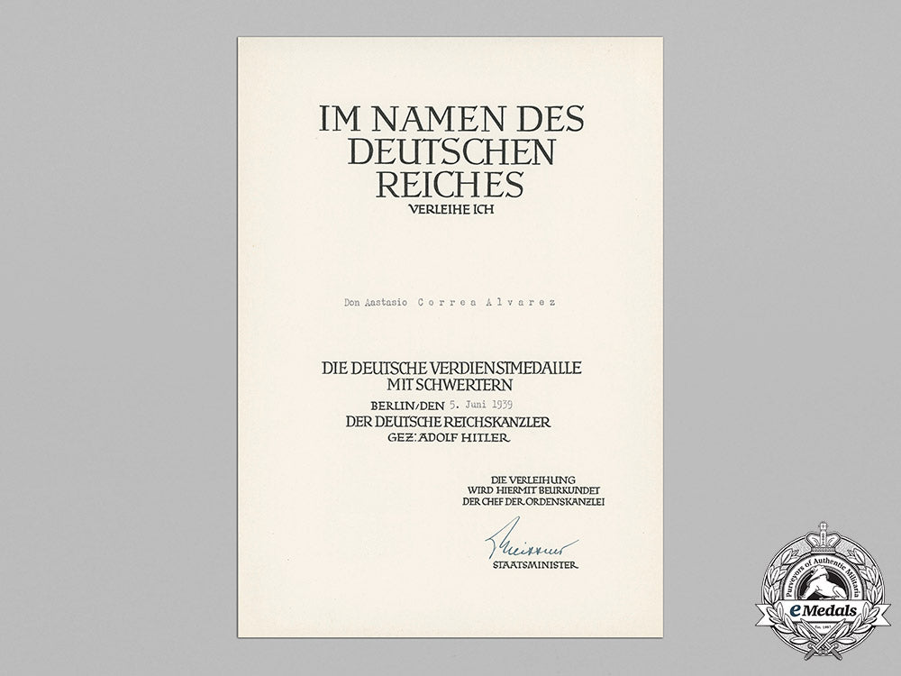 germany,_wehrmacht._an_eagle_medal_of_merit_with_swords_document_to_don_aastasio_correa_alvarez,_c.1939_c18-048776