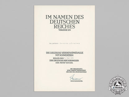 germany,_wehrmacht._an_eagle_medal_of_merit_with_swords_document_to_don_aastasio_correa_alvarez,_c.1939_c18-048776