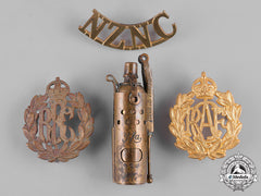 Austria, Canada, New Zealand, United Kingdom. Lot Of Three Badges And One Cigarette Lighter