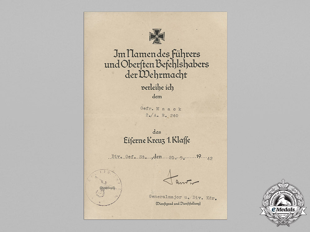 germany,_heer._a1939_iron_cross_i_class_with_document,240_th_artillery_regiment_c19-5110