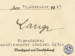 Germany, Kriegsmarine. An Iron Cross I Class Award Document, Athens, Greece 1943