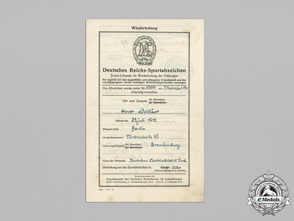 germany,_wehrmacht._an_award_document_for_a_silver_grade_sports_badge,1935_c19-866