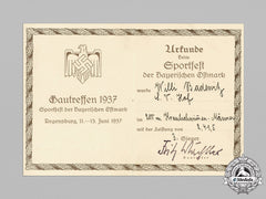Germany, Wehrmacht. A Gau Sports Award Document, 3Rd Place Swimming, Bavaria 1937