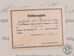 Germany, Imperial. A Wound Badge In Black Certificate To Musketeer Hundertmark, 1918