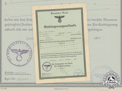 Germany, Third Reich. A Naturalisation Certificate To Artur And Rosalie Heuchert From Bukovina, 1940