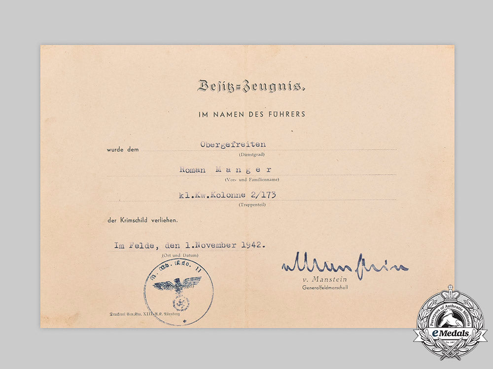 germany,_wehrmacht._a_krim_shield_award_document_to_obergefreiter_roman_manger_c2020_097_mnc1138_1_1