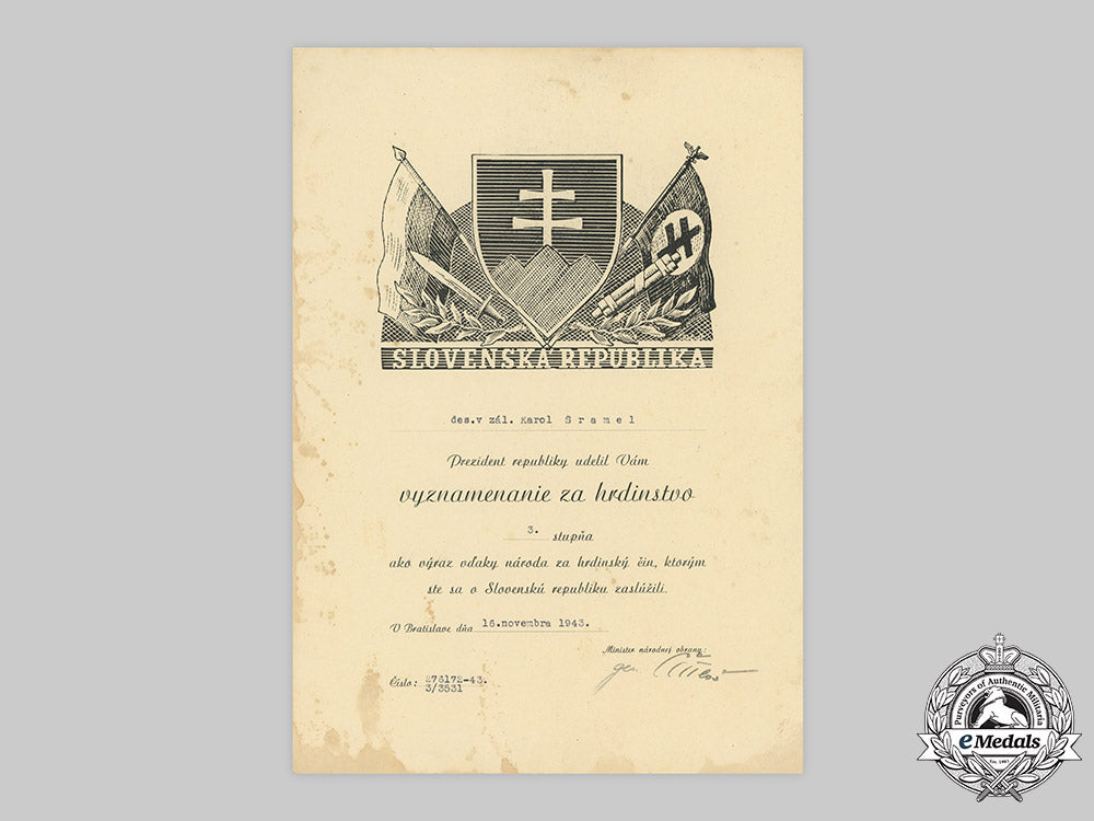 slovakia,_i_republic._a_group_of_four_awards_with_documents_attributed_to_karol_sramel_c2020_143emd_193