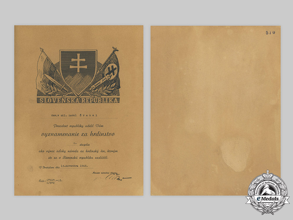 slovakia,_i_republic._a_group_of_four_awards_with_documents_attributed_to_karol_sramel_c2020_145emd_195