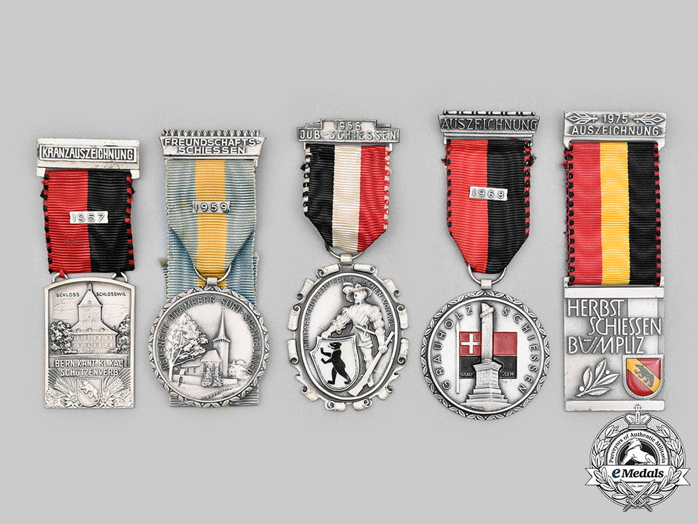 switzerland,_swiss_confederation._a_lot_of_five_shooting_medals,_c.1956_to1975_c2020_232_mnc5045_1