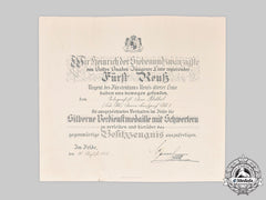 Reuß, Principality. A Silver Merit Medal With Swords Award Document To Army Telegrapher Perthel, 1918