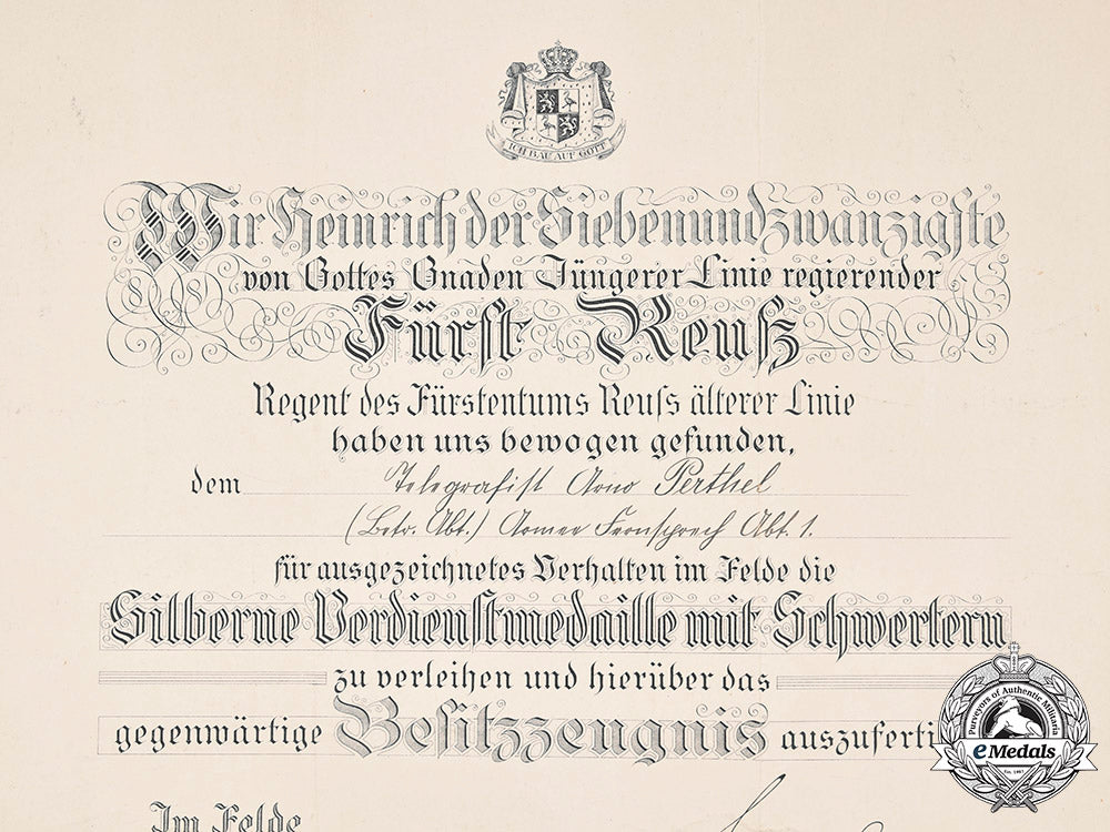 reuß,_principality._a_silver_merit_medal_with_swords_award_document_to_army_telegrapher_perthel,1918_c2020_238_mnc7104