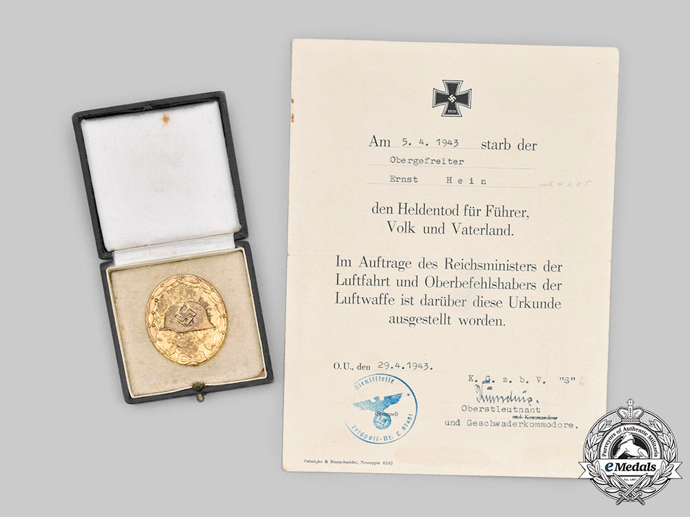 germany,_luftwaffe._a_gold_grade_wound_badge,_with_hero’s_death_certificate,_to_obergefreiter_ernst_hein_c2020_423_mnc9569