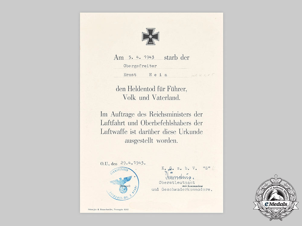 germany,_luftwaffe._a_gold_grade_wound_badge,_with_hero’s_death_certificate,_to_obergefreiter_ernst_hein_c2020_430_mnc9584