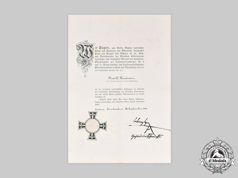 austria,_imperial._a_teutonic_order_marian_cross_award_document_to_hauptmann_kundmann,1910_c2020_728_mnc7122