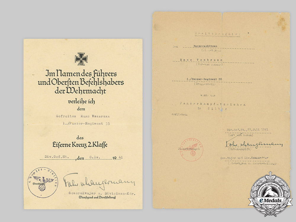 germany,_heer._two_award_certificates_to_panzer_gefreiter_vonbrunn,1941_c2020_816emd_133