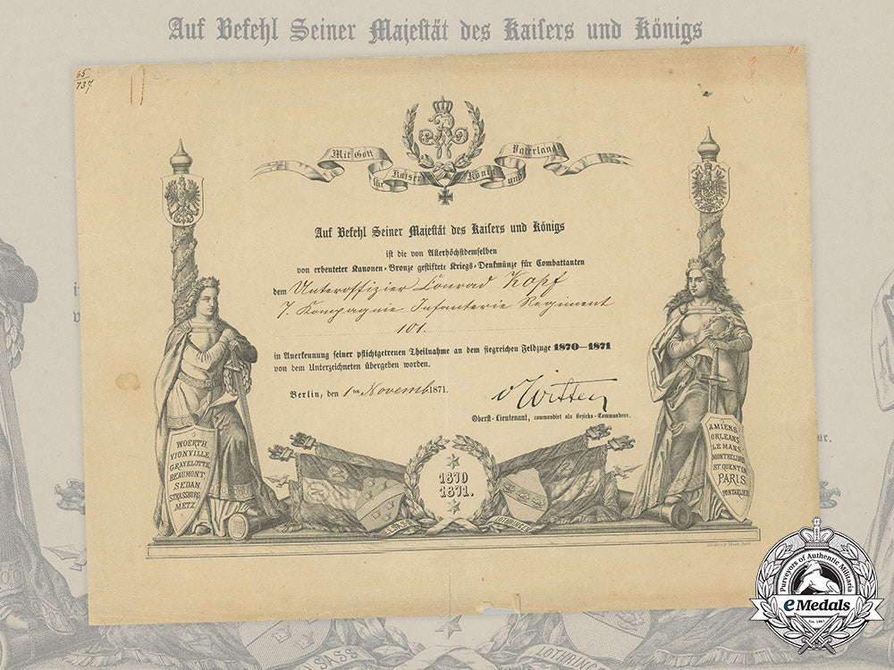 germany,_imperial._a_franco-_prussian_war_medal_document_to_nco_kopf,1871_c2020_821emd_140