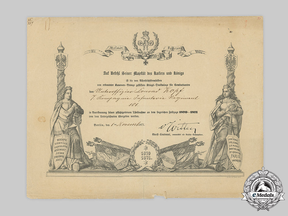 germany,_imperial._a_franco-_prussian_war_medal_document_to_nco_kopf,1871_c2020_822emd_139