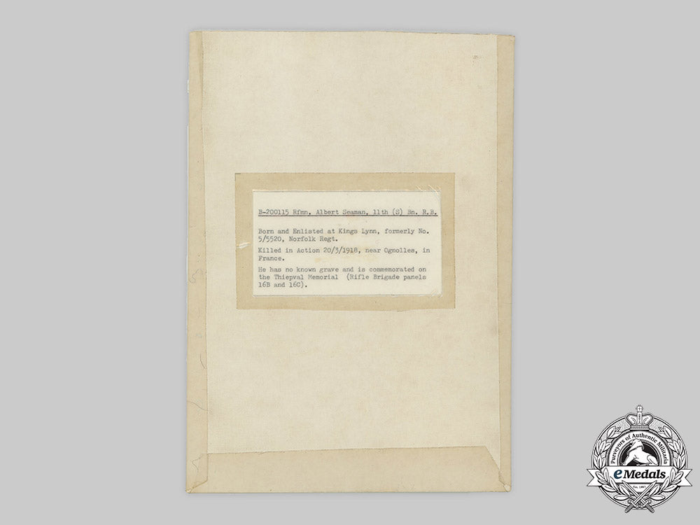 united_kingdom._a_first_war_memorial_scroll,_to_rifleman_albert_seaman,11_th_battalion,_rifle_brigade(_the_prince_consort's_own)_c2020_909emd_152