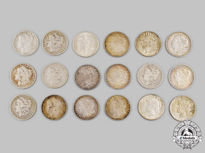 united_states._a_lot_of_sixteen_silver_morgan_dollar_coins&_two_peace_silver_dollars_c2021_014_mnc1877