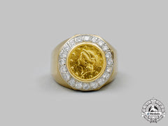 United States. A Custom Yellow & White Gold United States Dollar Coin Ring With Diamonds