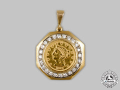 United States. A Custom Yellow & White Gold American Quarter Eagle Coin Pendant With Diamonds