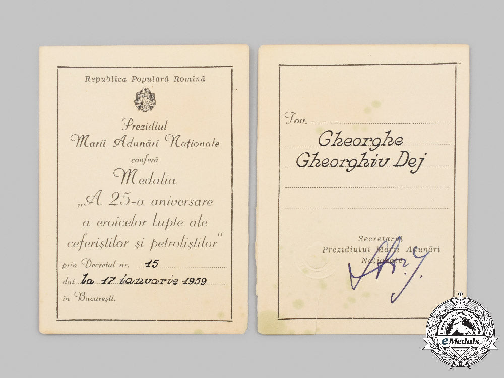 romania,_republic._a25_th_anniversary_of_the_heroic_fights_of_the_railway&_petroleum_workers_medal_issued_to_gheorghe_gheorghiu-_dej_c2021_578emd_4255_3_1_1_1