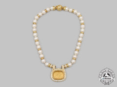 Jewellery. A Yellow Gold, Pearl & Diamond Roman Pendant Necklace