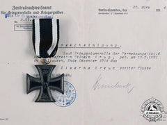 Germany, Imperial. A 1914 Iron Cross Ii Class With Document To Corporal Wilhelm Krug