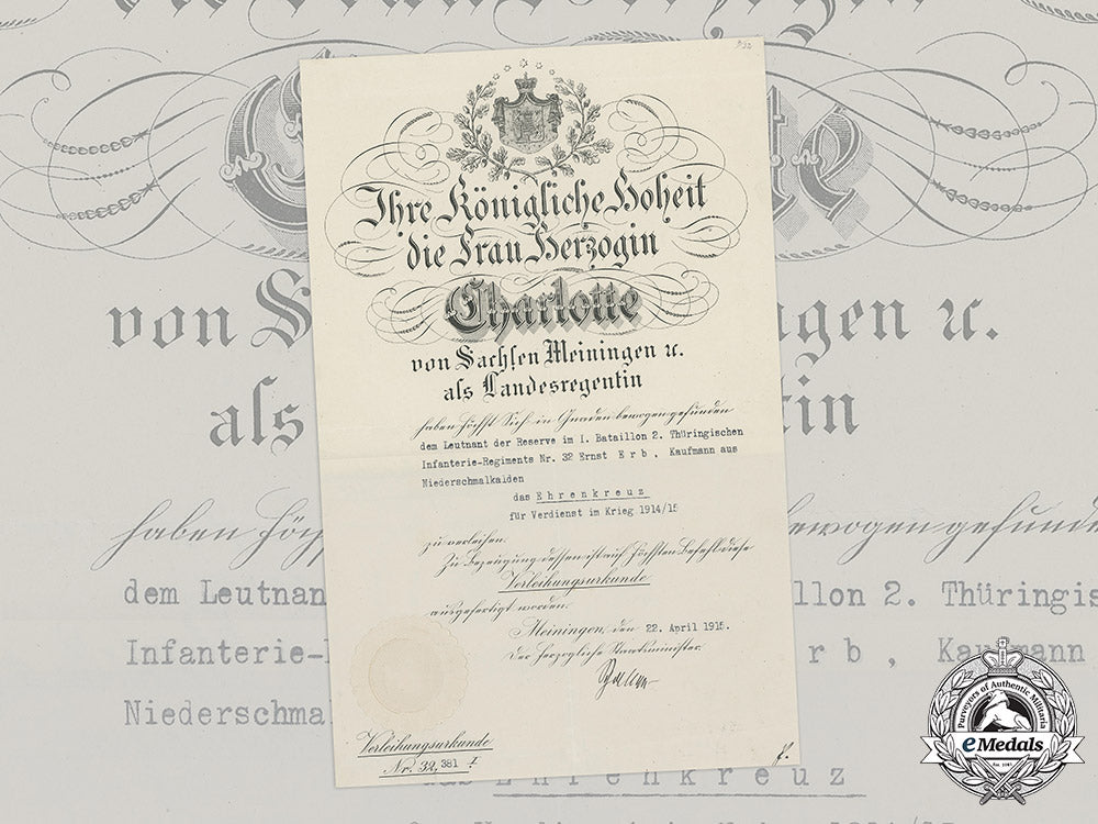 saxe-_meiningen,_duchy._a_first_war_honour_cross_document_to_leutnant_ernst_erb,1915_c20635m182_2245--copy-_2_