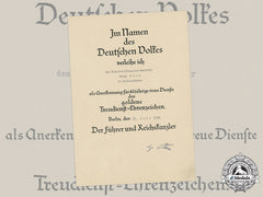 Germany, Nsdap. A Civil Service Faithful Service Award In Gold Certificate To Chancellery Secretary Georg Rook, 1938
