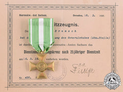 Saxony, Kingdom. A 25-Year Long Service Cross With Certificate And Accompanying Letter To Major Bramsch