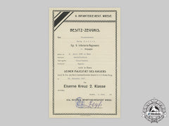 Germany, Imperial. A 1914 Iron Cross Ii Class Award Document To Vizefeldwebel Georg Budion