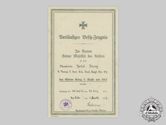 Germany, Imperial. A 1914 Iron Cross Ii Class Document To Musketier Jakob Jung