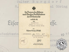 An Iron Cross Second Class Award Document To Regiment General Göring 1941