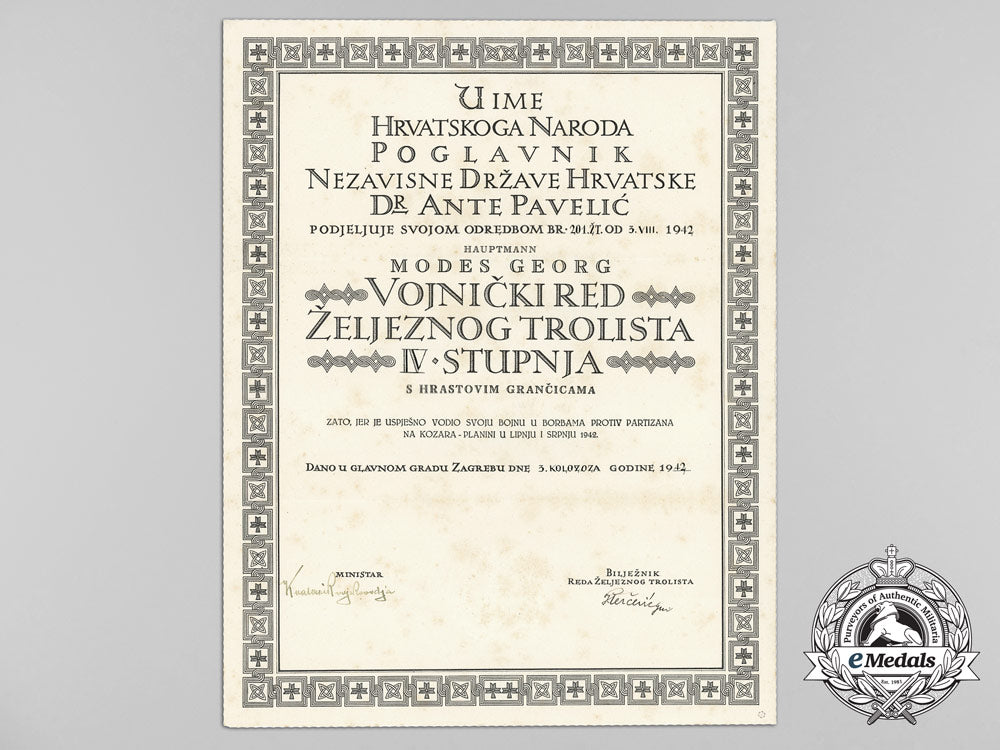 a_second_war_croatian_order_of_iron_trefoil_award_document_to_hauptmann_g._modes_c_3348