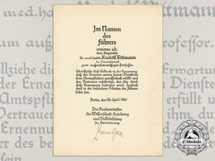 A 1940 Reich Minister For Science, Education, And National Culture Appointment Document