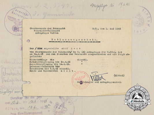 a1945_wehrmacht_discharge_certificate_signed_by_major_general_kittel_c_5733