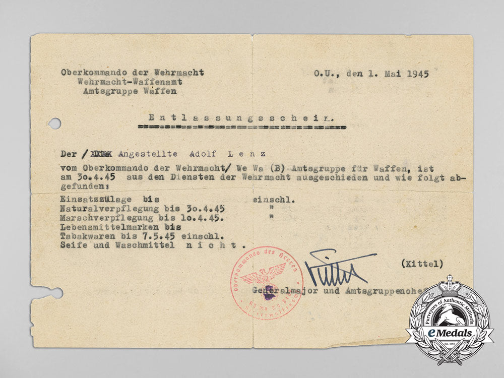 a1945_wehrmacht_discharge_certificate_signed_by_major_general_kittel_c_5734