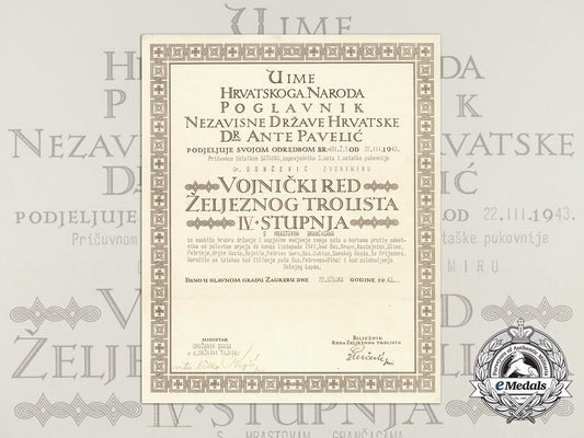 a_croatian_military_order_of_trefoil_award_document_to_ustasha_captain_commander_c_7734