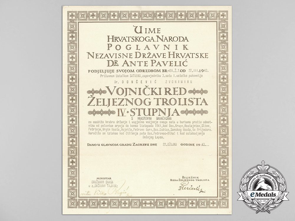 a_croatian_military_order_of_trefoil_award_document_to_ustasha_captain_commander_c_7735