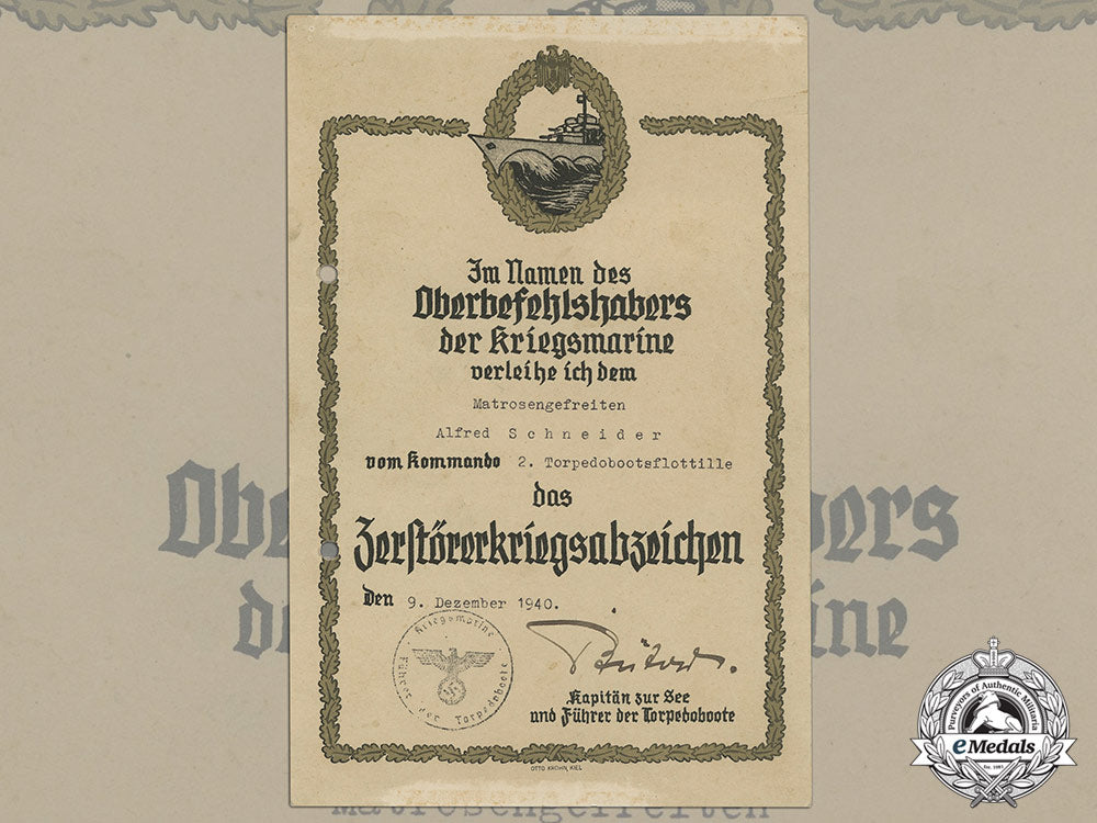 a1940_destroyer_war_badge_award_document_to2_nd_torpedo_boat_flotilla_cc_5758