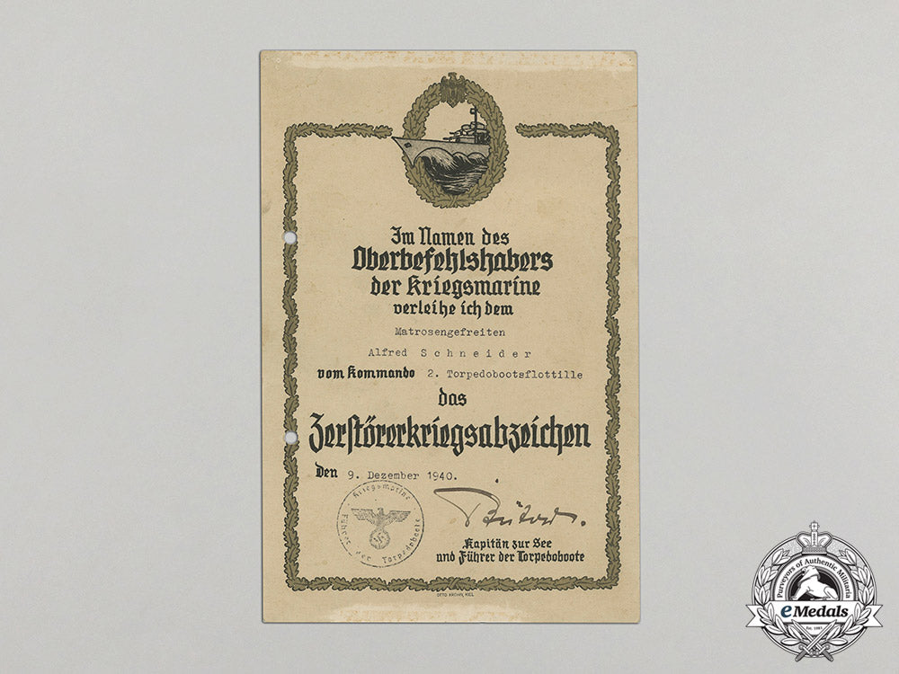 a1940_destroyer_war_badge_award_document_to2_nd_torpedo_boat_flotilla_cc_5759