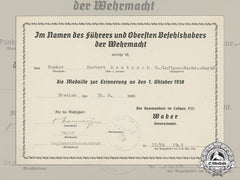 A Sudetenland Medal Award Document To Radio Operator Herbert Rentzsch