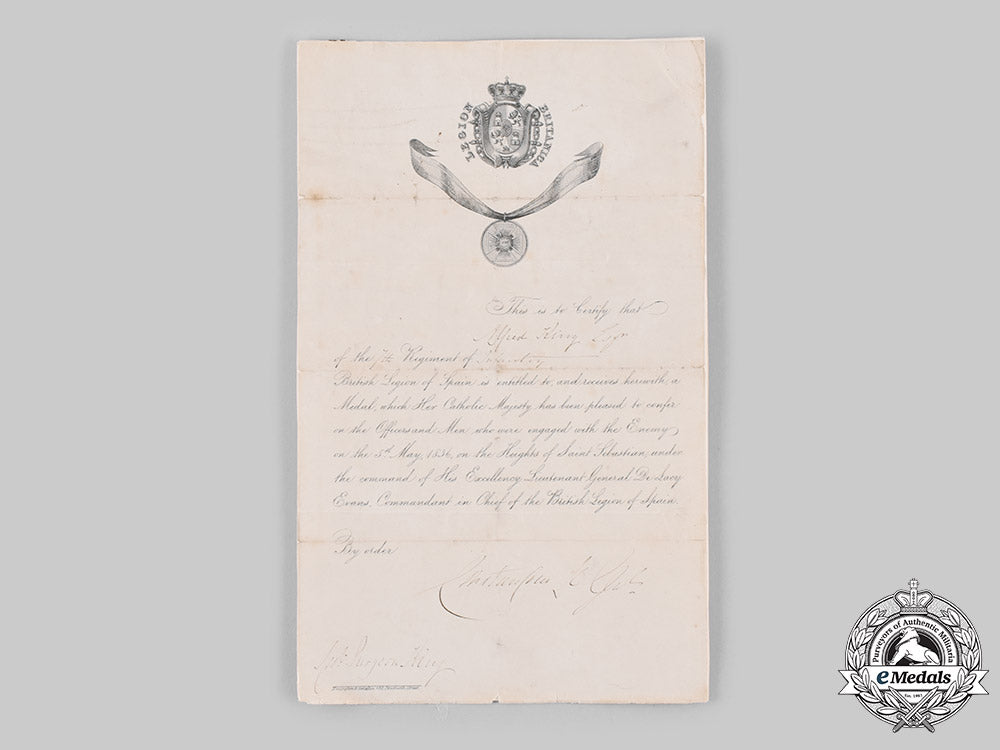 spain,_kingdom._a_san_sebastian_medal&_bestowal_document_to_asst._surgeon_alfred_king,7_th_infantry_regiment_of_the_british_legion,1836_ci19_6273