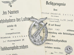 Germany, Luftwaffe. A Flak Badge With Award Documents, To Obergefreiter Frierich Gotthardt