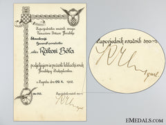 A 1942 Croatian Award Document For The Honorary Pilot's Badge