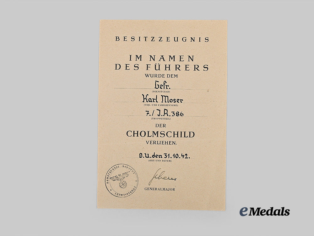 germany,_heer._a_rare_cholm_shield,_with_award_document,_to_gefreiter_karl_moser_e_medals__g62779_3